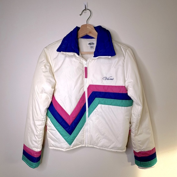 Vans Jackets & Blazers - Women’s Vans White with Teal, Pink and Blue Stripe Retro Jacket Size M